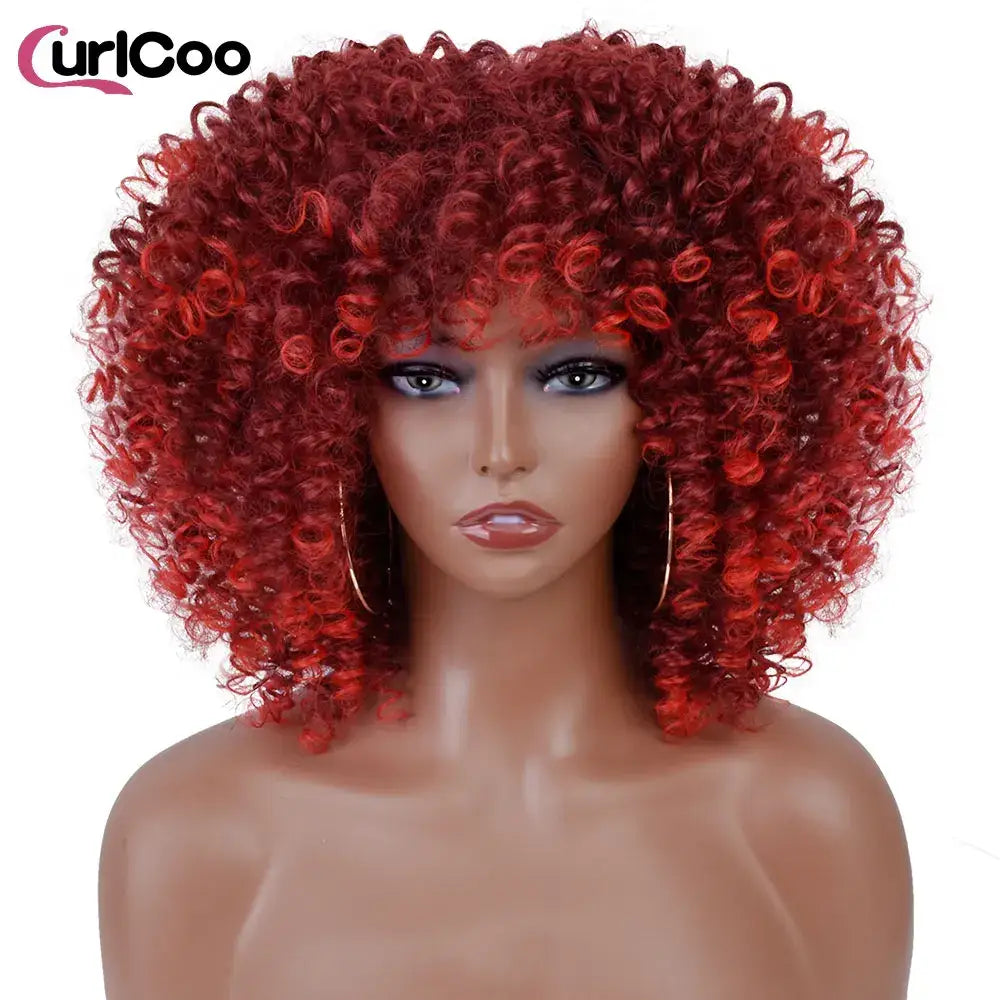 CurlCoo Short Afro Kinky Curly Wig - Heat Resistant Hair Options Available - 118-RED / CHINA / 14inches