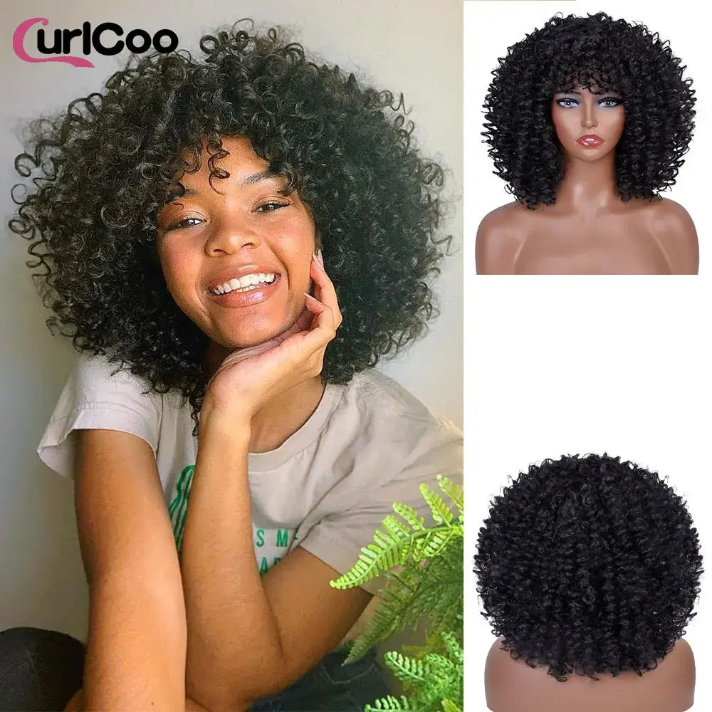 CurlCoo Short Afro Kinky Curly Wig - Heat Resistant Hair Options Available - #1B / CHINA / 14inches