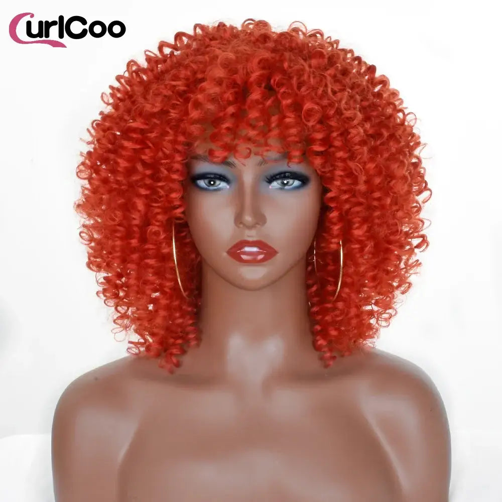 CurlCoo Short Afro Kinky Curly Wig - Heat Resistant Hair Options Available - RED / CHINA / 14inches