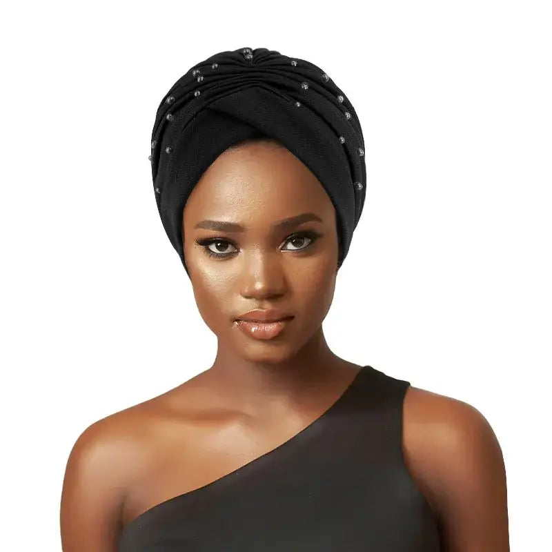 Elevate Your Haircare with Pearl Beaded Turban Hats - black