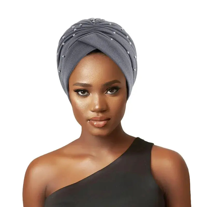 Elevate Your Haircare with Pearl Beaded Turban Hats - GRAY