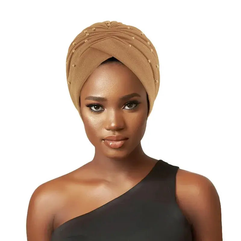 Elevate Your Haircare with Pearl Beaded Turban Hats - khaki