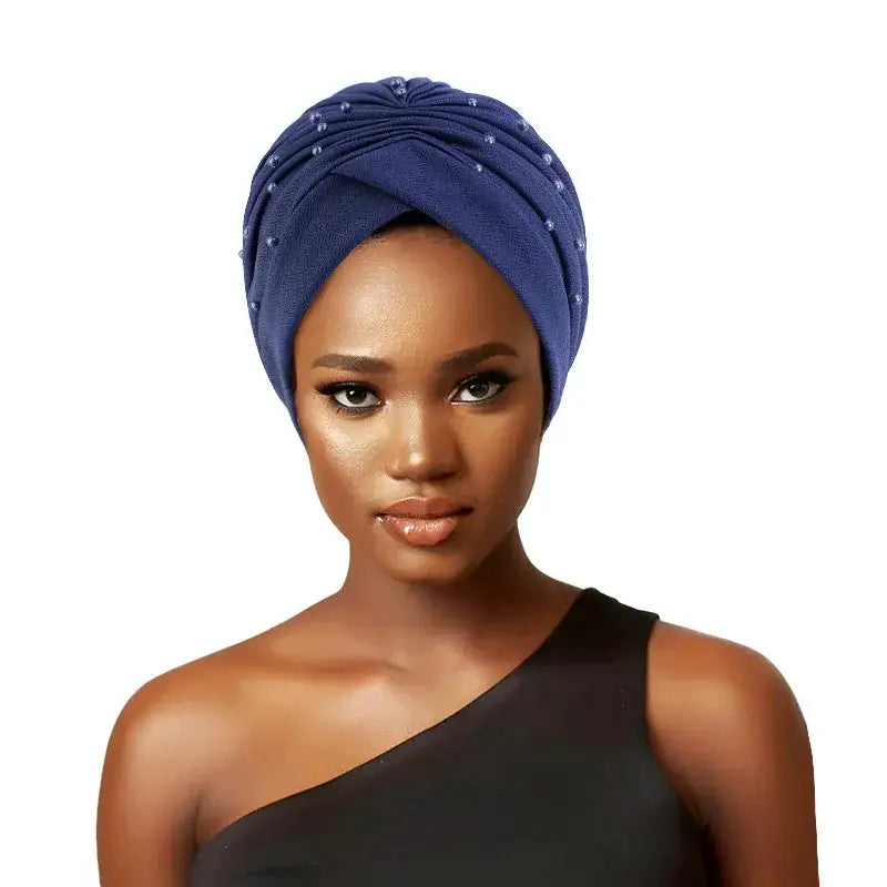 Elevate Your Haircare with Pearl Beaded Turban Hats - Navy Blue