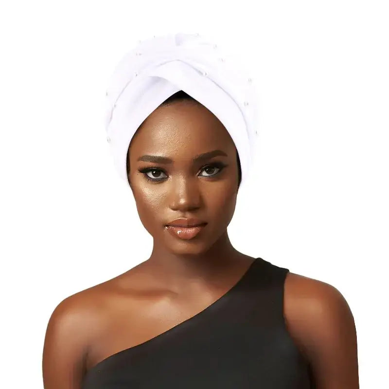 Elevate Your Haircare with Pearl Beaded Turban Hats - WHITE