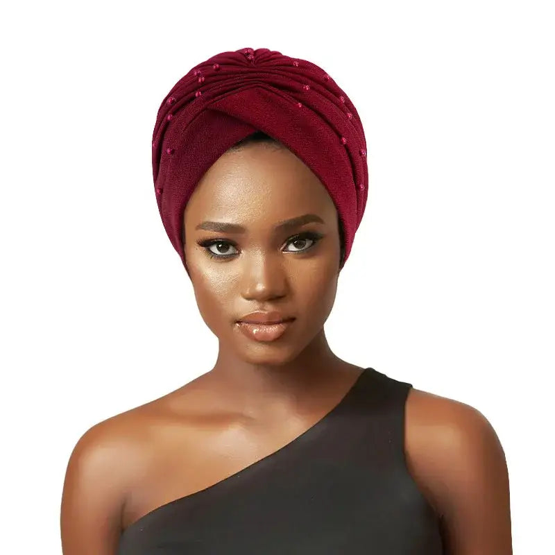 Elevate Your Haircare with Pearl Beaded Turban Hats - wine red