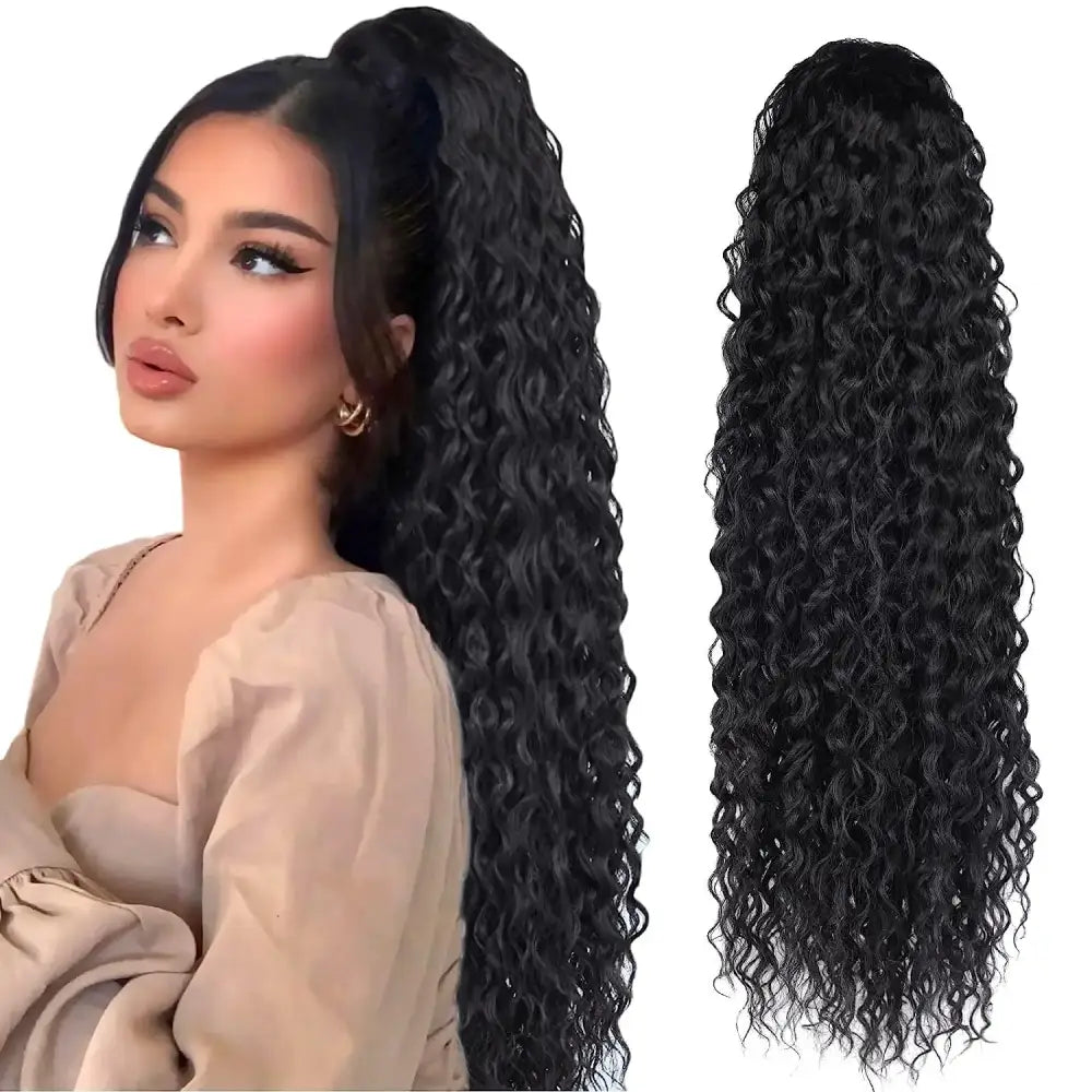 Elevate Your Style with Queen Afro’s Ponytail Extensions and Water Wave Curly - 1B / 24inches