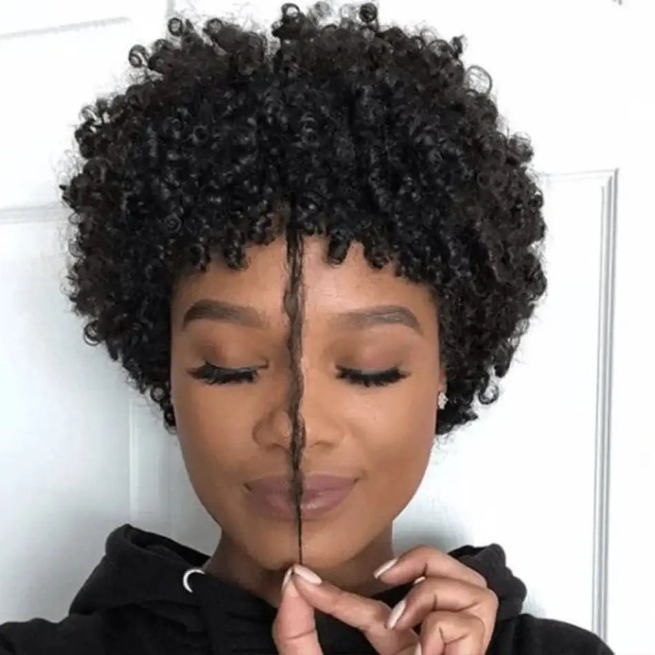 Explore New Arrivals: Short Kinky Curly Wigs at Queen Afro - #1B / Model inches