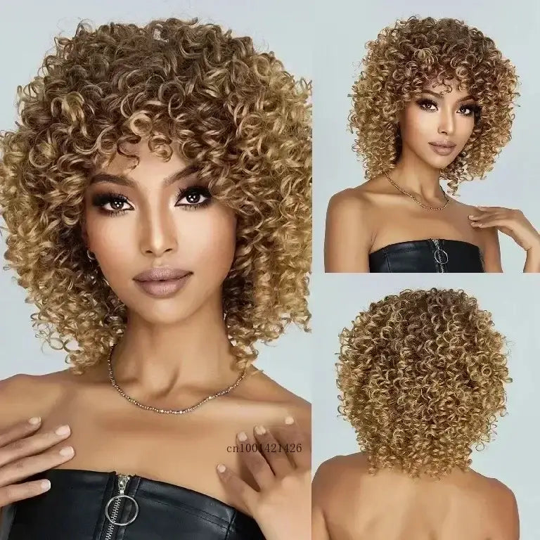 Explore Trendy Wigs: Short Brown Curly and Brown Curly Afro Styles - Gradient Blonde