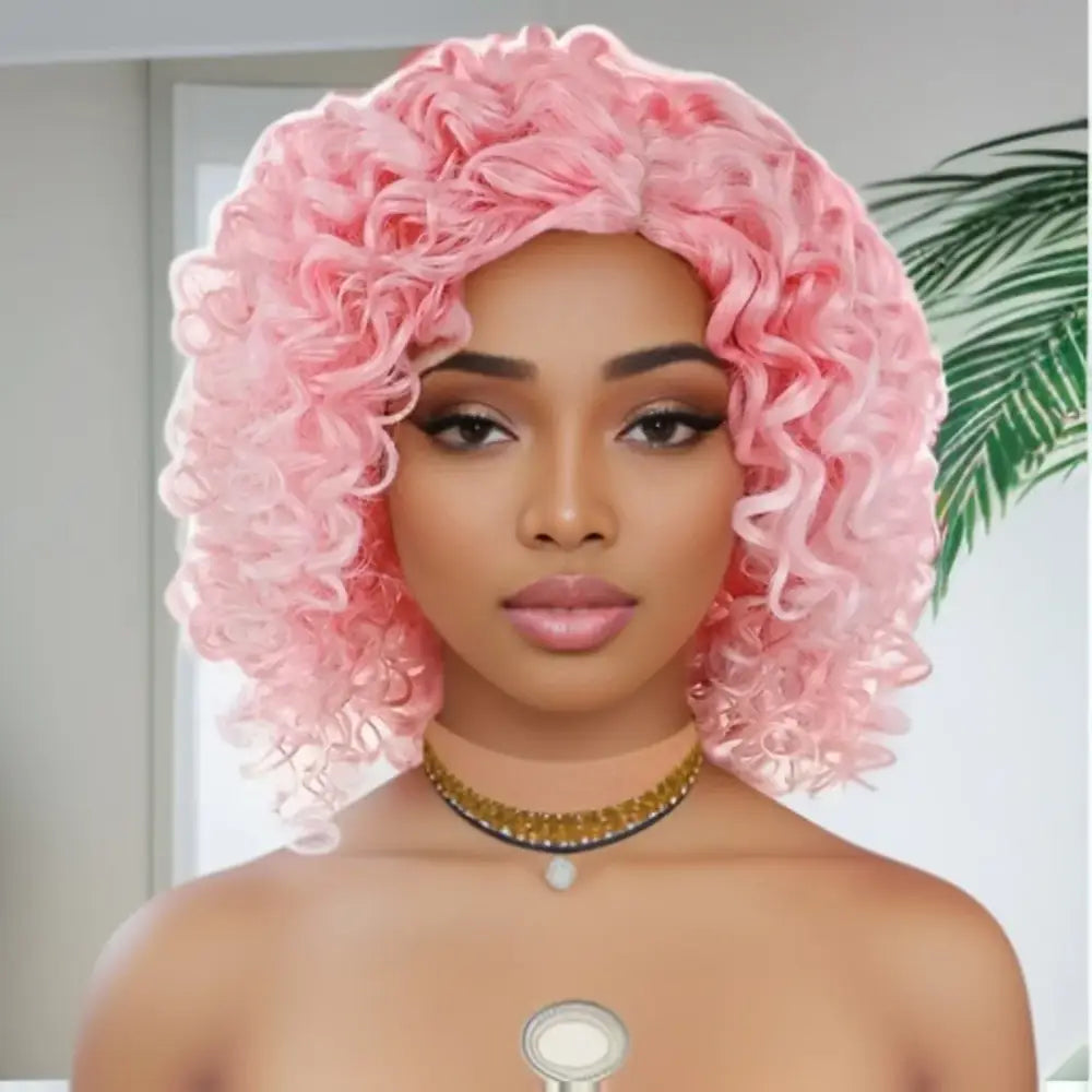 Explore Trendy Wigs: Short Brown Curly and Brown Curly Afro Styles - Mix Pink