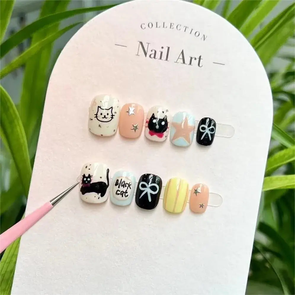 Express Your Style with Handmade Cat-Themed Press-On Nails Set - L