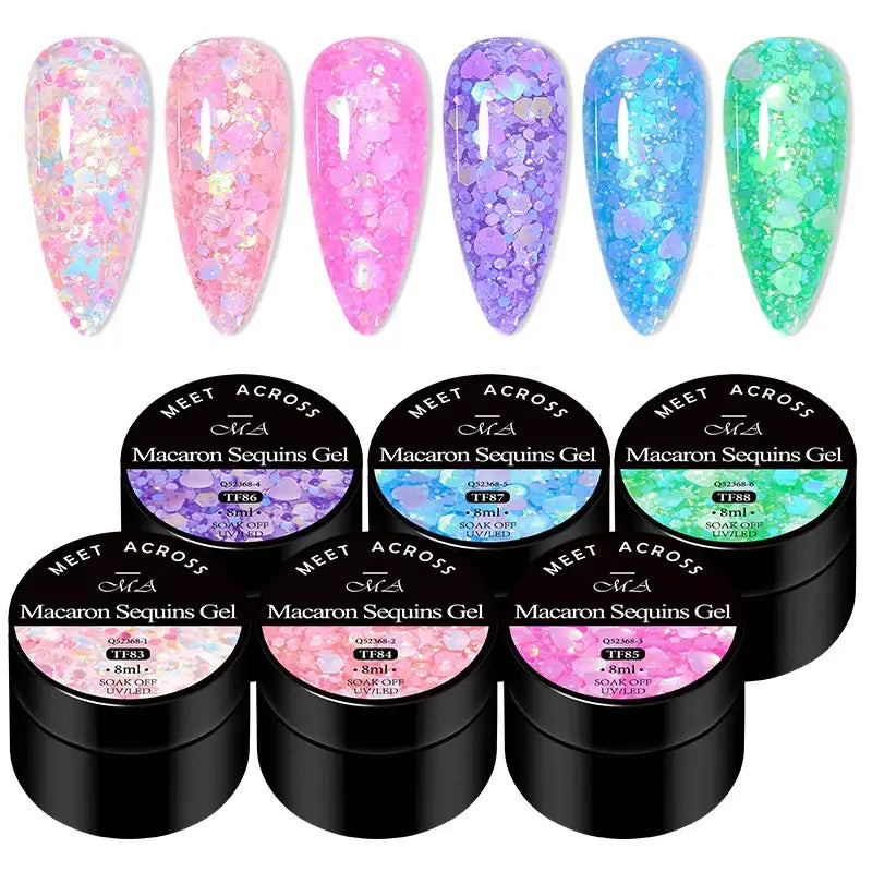 Nail Gel Collection with Macaron Glitter Sequins for Unique Designs