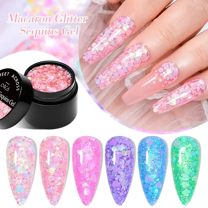 Nail Gel Collection with Macaron Glitter Sequins for Unique Designs