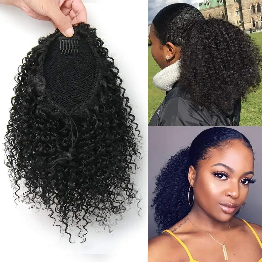 Queen Afro Synthetic Short Afro Kinky Ponytail for Beautiful Styles - Ponytail-1B / 20inches