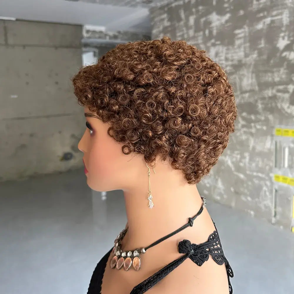 Trendy Kinky Curly Brown Pixie Wigs for a Unique Look - #4 / 4inches